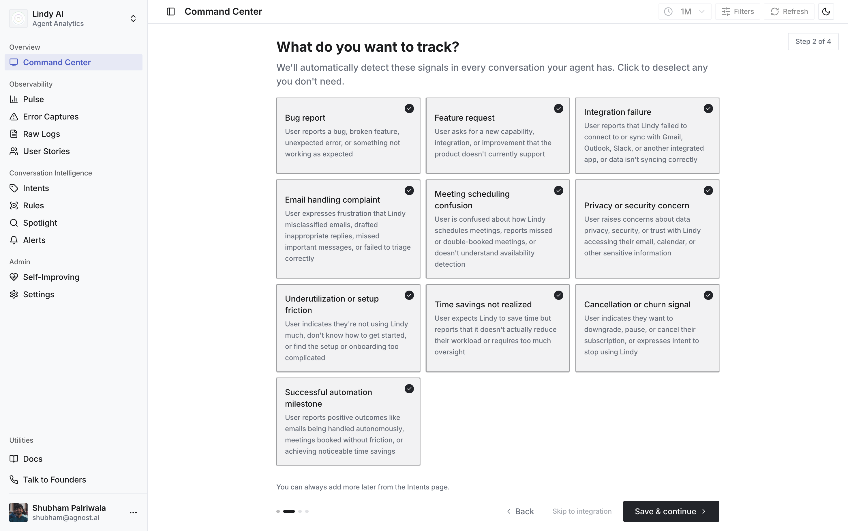 Agnost AI onboarding screen generating production failure categories for an AI agent, including bug reports, feature requests and churn risk